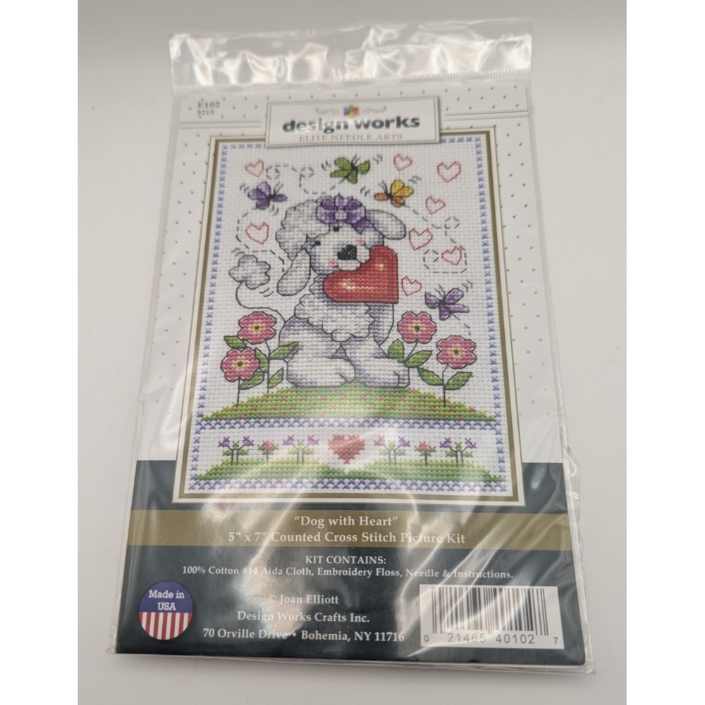 DESIGN WORKS Dog With Heart Cross Stitch Kit 5x7 Puppy Flowers Butterflies NEW